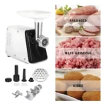 Molino procesador Sokany SK-312 blanco con accesorios, mostrando carne molida, salchichas y kibbeh.