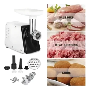 Molino procesador Sokany SK-312 blanco con accesorios, mostrando carne molida, salchichas y kibbeh.