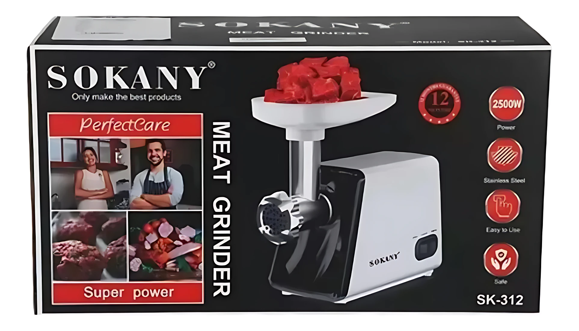 Molino procesador Sokany SK-312 de 2500W, color blanco y negro, con bandeja superior llena de carne picada, sobre fondo negro con detalles rojos y texto descriptivo.