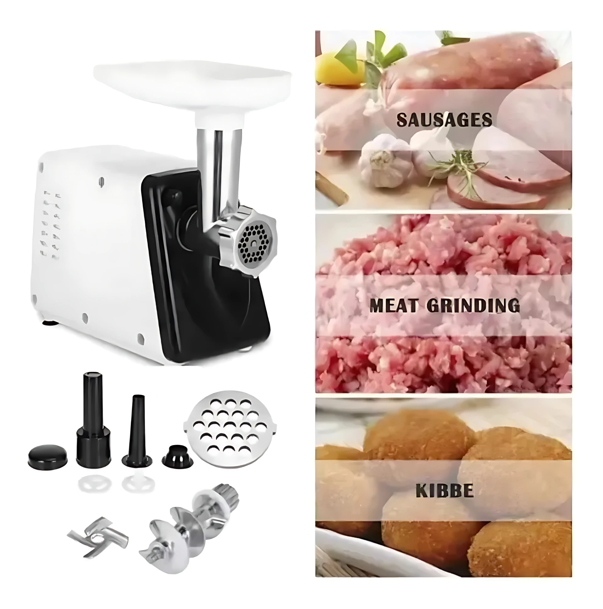 Molino procesador Sokany SK-312 blanco y negro con accesorios, mostrando carne molida, salchichas y kibbeh.