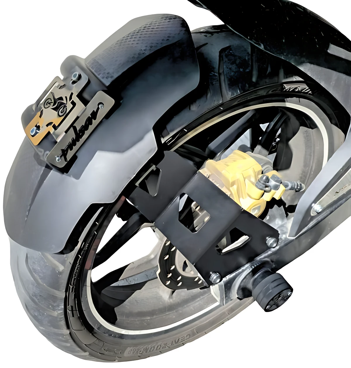 Monobrazo trasero de acero inoxidable mate instalado en rueda de motocicleta, con soporte para placa y detalles en amarillo.