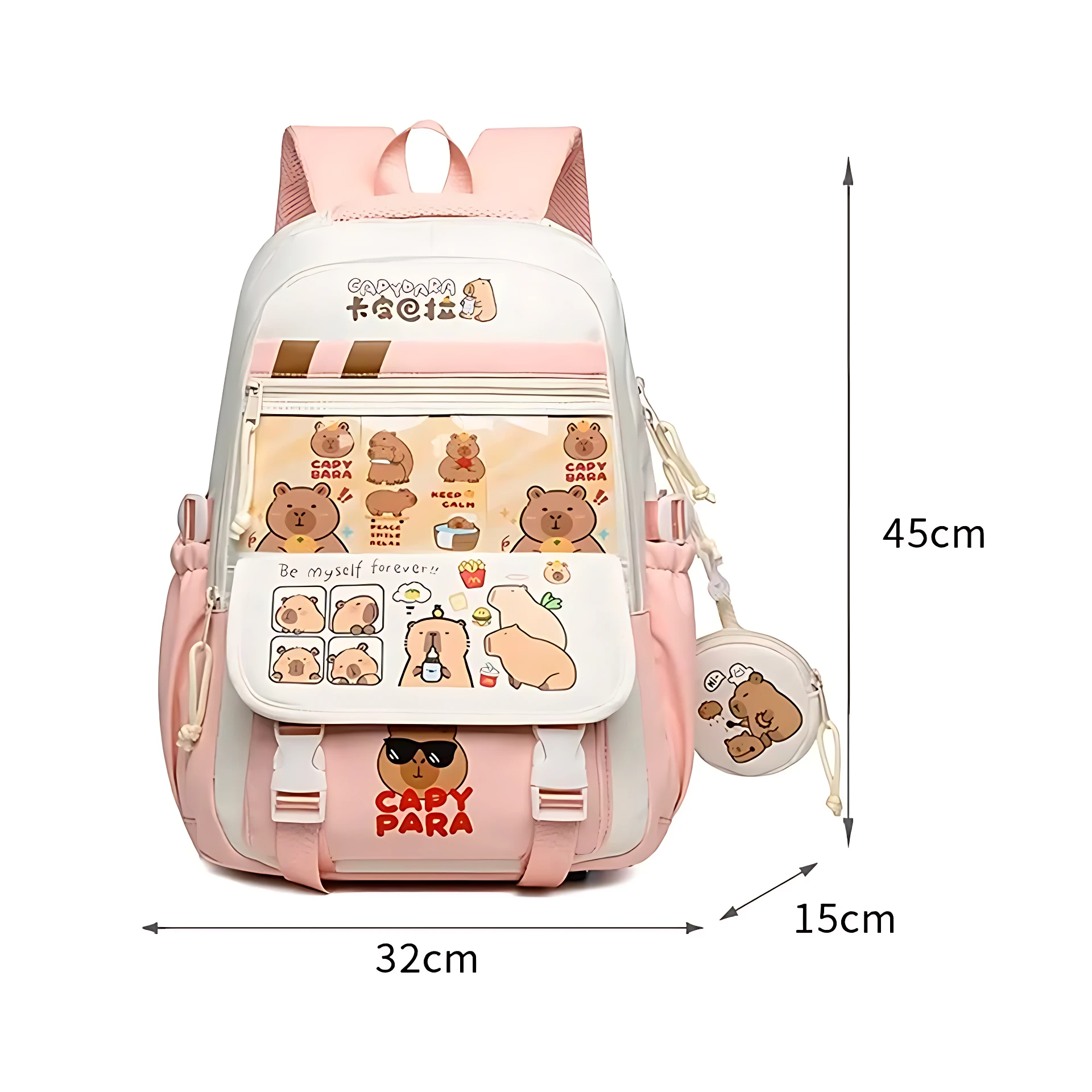 Mochila escolar urbana rosa con estampado de ositos, medidas 32x45 cm, incluye bolsillo frontal y accesorio colgante.