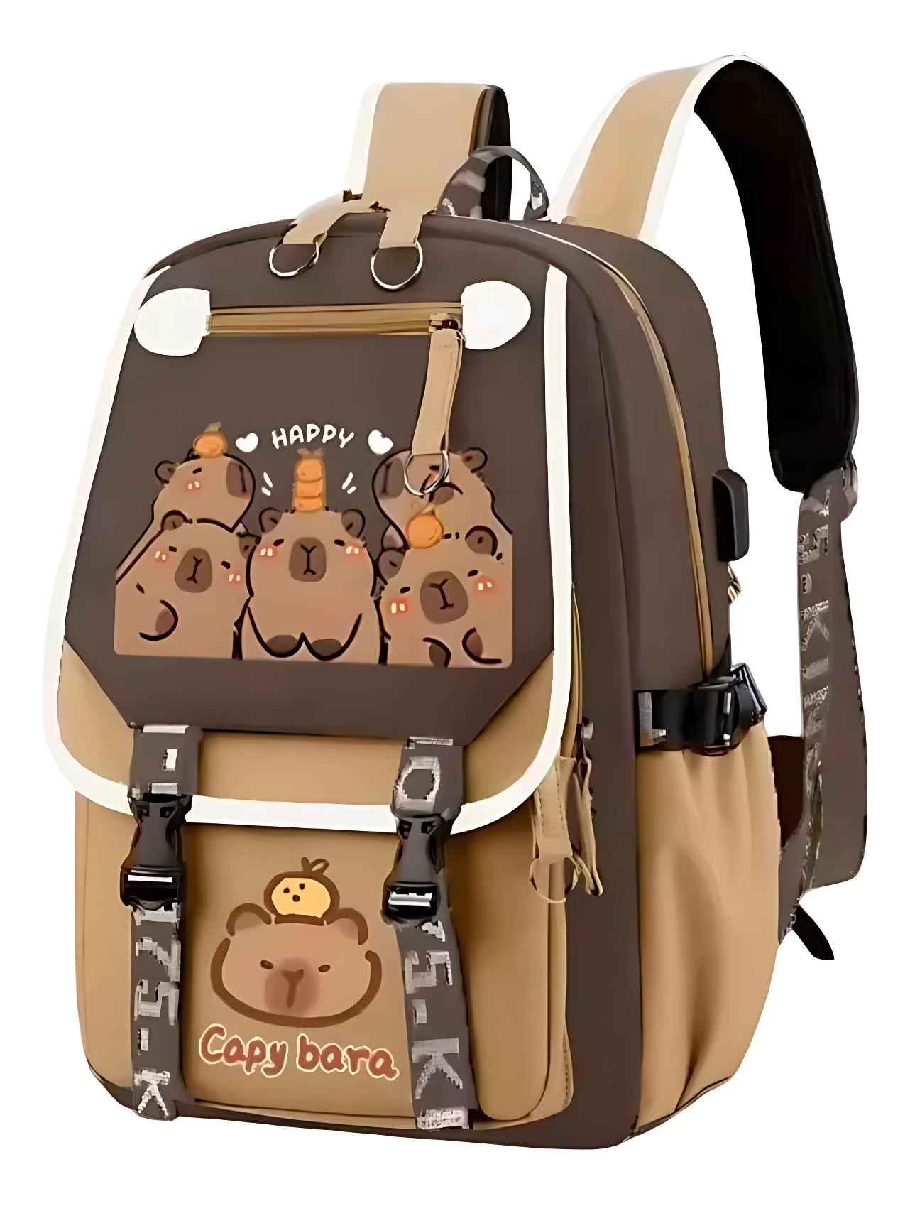 Mochila escolar para niños en tonos marrón y beige, con estampado de capibaras kawaii y detalles funcionales como correas ajustables y bolsillos laterales.