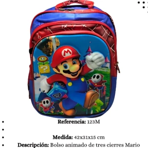 Morral escolar azul con diseño de Mario Bros, tres cierres y medidas 42x31x15 cm.