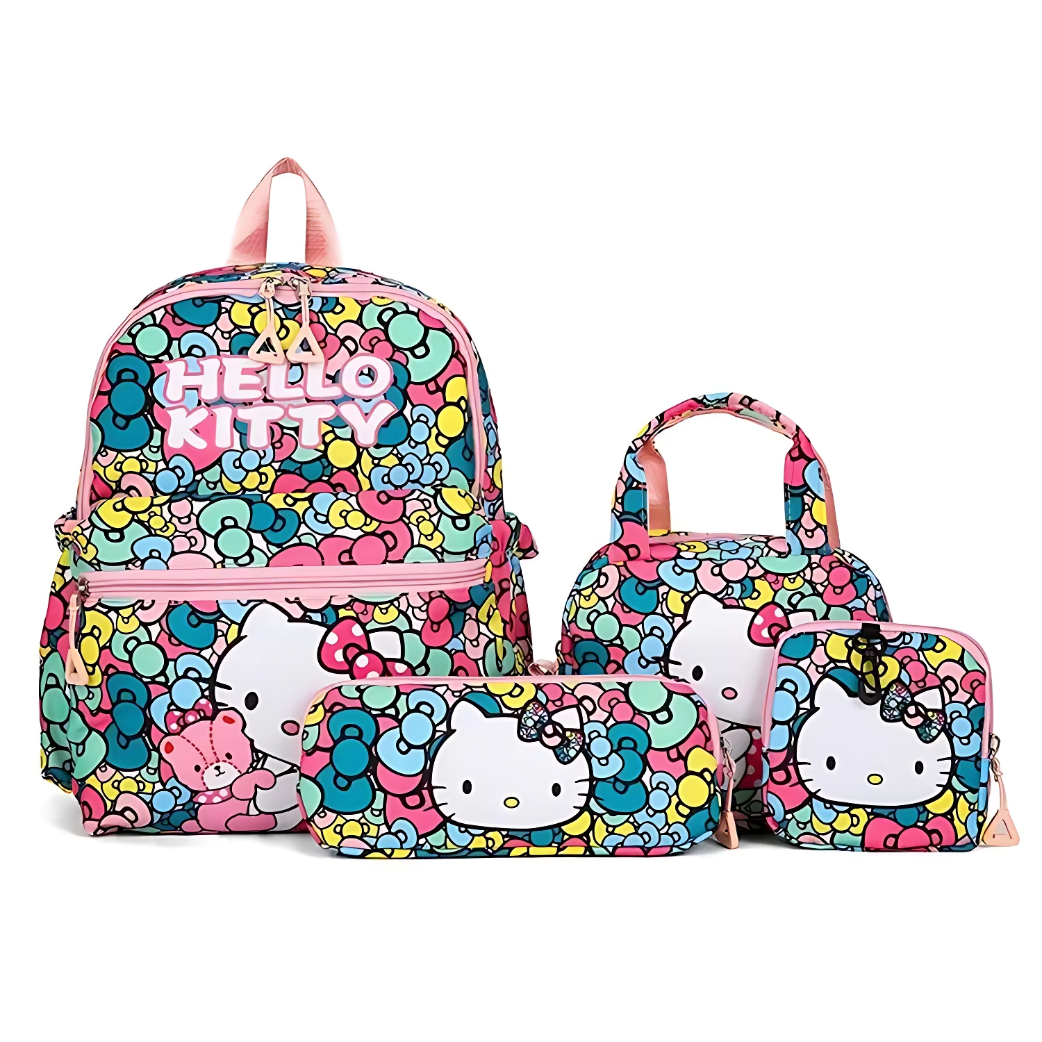 Mochila escolar Sanrio x4 piezas con estampado Hello Kitty multicolor, incluye mochila, estuche, bolsa térmica y portamonedas.