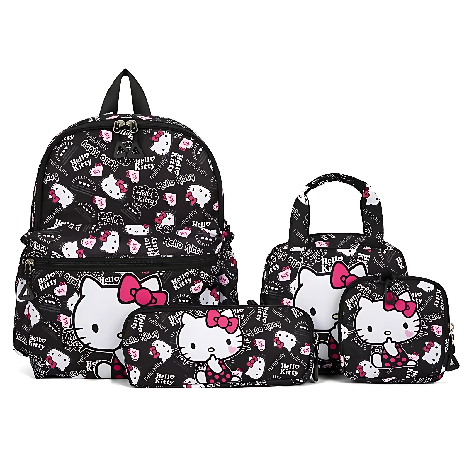Conjunto de cuatro artículos escolares Sanrio Hello Kitty en negro con estampado blanco y rosa, incluye mochila, estuche, bolsa térmica y portamonedas.