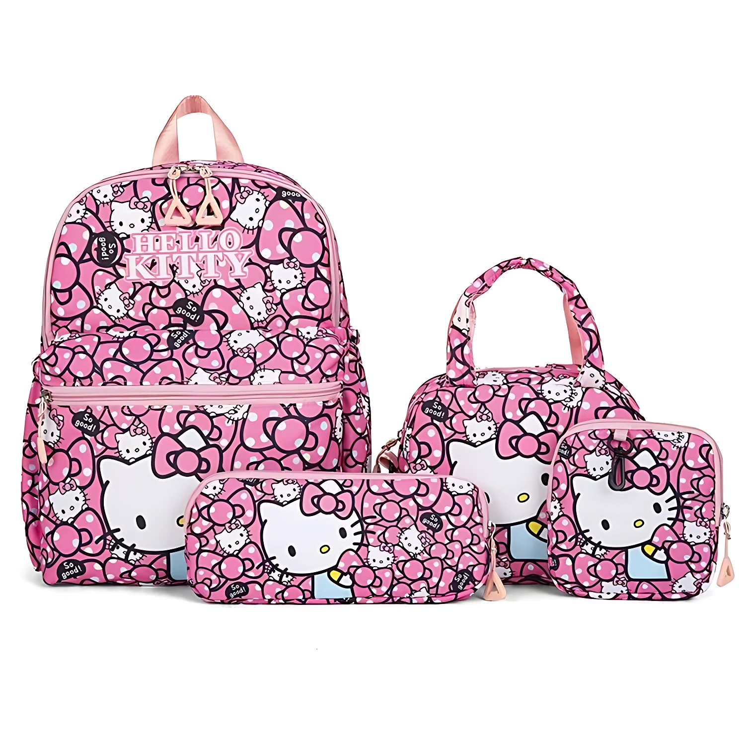 Mochila escolar Sanrio Hello Kitty en rosa con estampado de personajes, acompañada de cuatro accesorios: estuche, bolsa de mano, portamonedas y neceser.