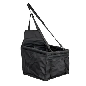 Morral negro para mascota con correa ajustable y bolsillo frontal, mostrando estructura plegable y diseño ergonómico para transporte seguro.