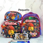 Mochila escolar pequeña con lonchera integrada, temática Roblox, incluye estuche y útiles escolares.