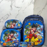 Mochila escolar pequeña azul con estampado de Dragon Ball, incluye lonchera integrada y accesorios escolares.
