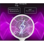 Mosquetero eléctrico plegable con luz UV, diseño circular blanco de 365mm, malla metálica y símbolo de rayo central, iluminación morada envolvente para atrapar insectos.