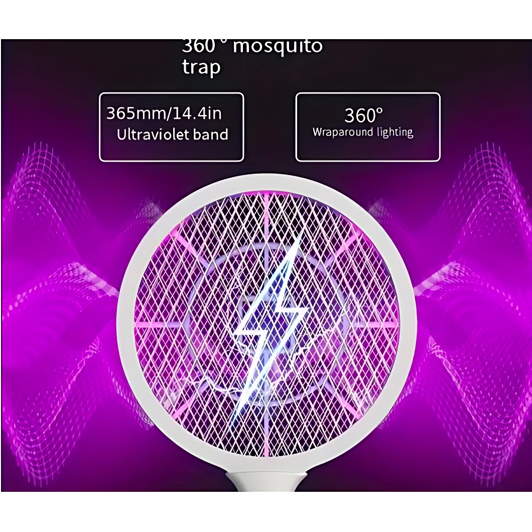 Mosquetero eléctrico plegable con luz UV, diseño circular blanco de 365mm, malla metálica y símbolo de rayo central, iluminación morada envolvente para atrapar insectos.