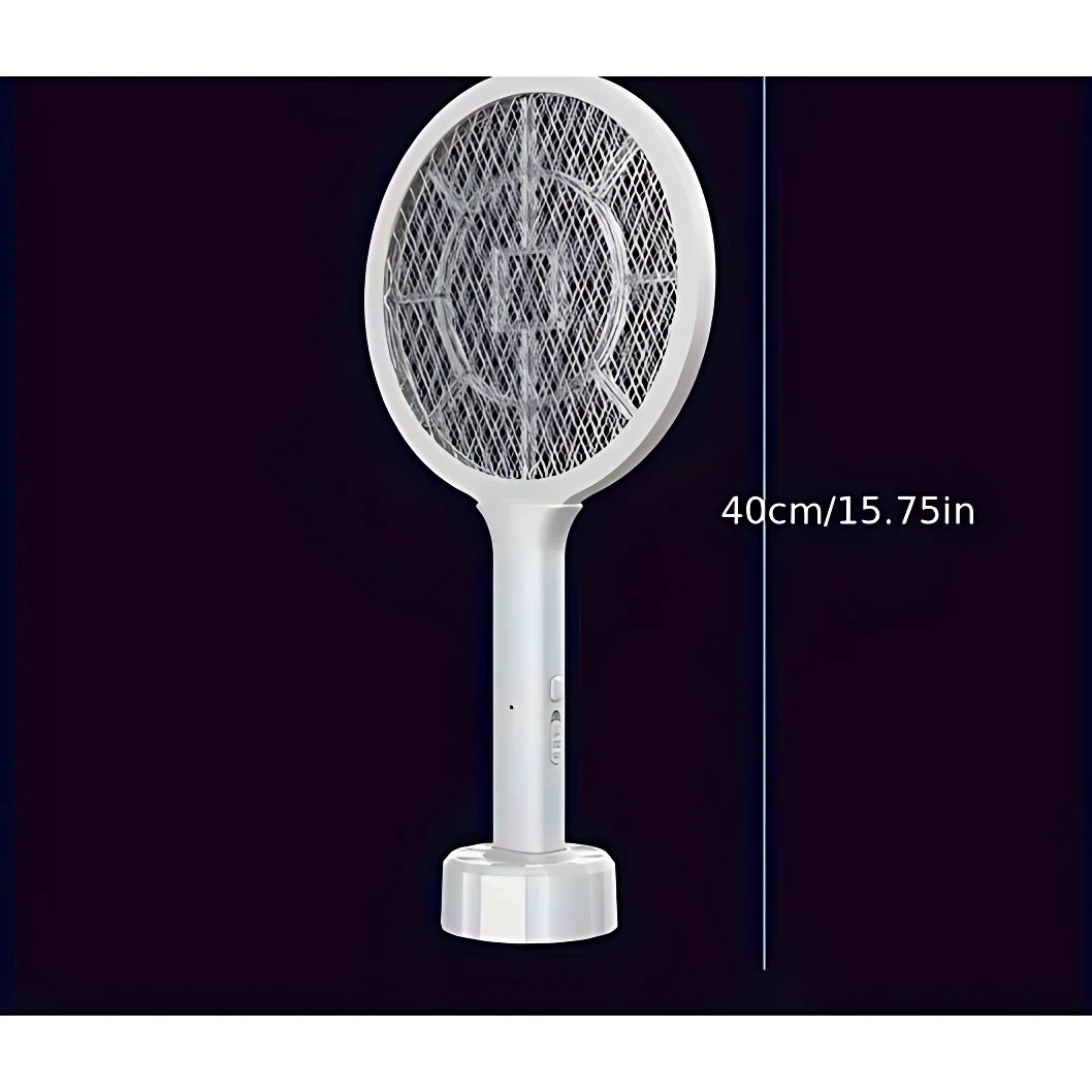 Mosquetero eléctrico plegable blanco con luz UV, base de carga y dimensión de 40 cm.