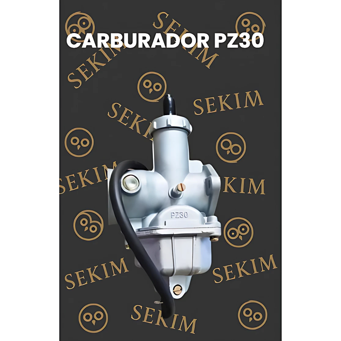 Carburador Sekim PZ30 en color plateado con manguera negra, sobre fondo oscuro con marca de agua.