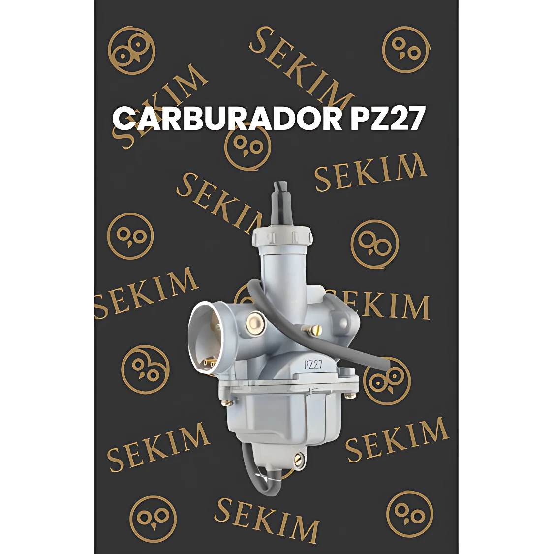 Carburador Sekim PZ27 en color gris metálico, con cuerpo de aluminio y conexiones de goma, diseñado para motos repotenciadas.