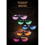 Gafas de seguridad con diseño de ojos retroiluminados en colores morado, verde, azul, naranja y rosa, para aumentar visibilidad nocturna en motos.