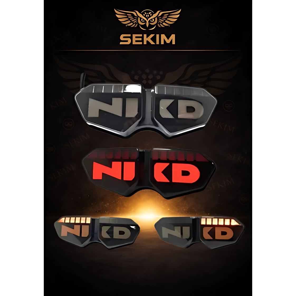 Stops LED NKD 125 con diseño agresivo y logotipo retroiluminado en negro, rojo y dorado, para aumentar visibilidad nocturna sin modificaciones eléctricas.