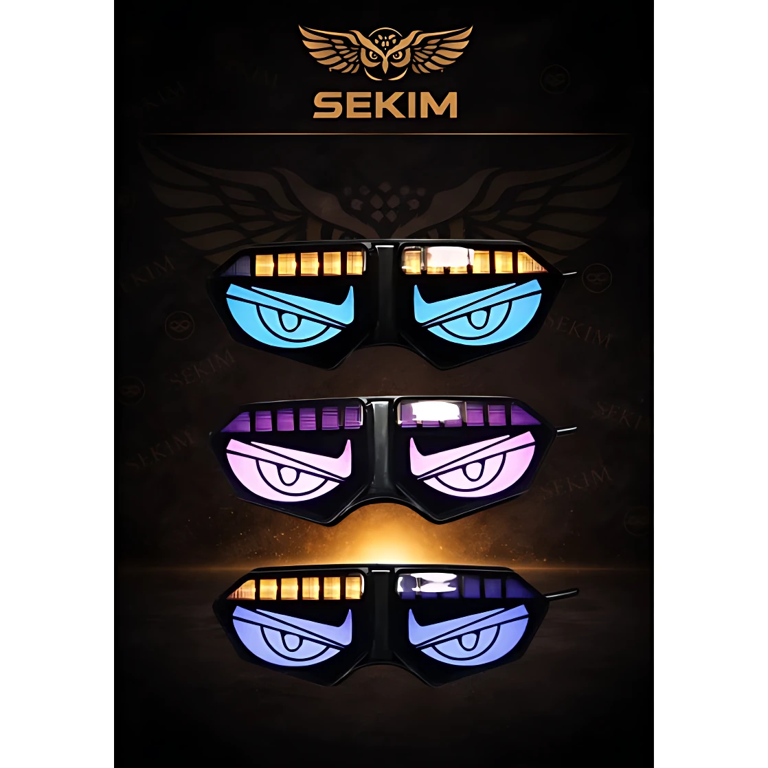 Gafas de seguridad LED con diseño de ojos agresivos, disponibles en azul, morado y blanco. Logotipo retroiluminado en la parte superior. Ideales para visibilidad nocturna en motos.
