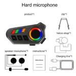 Control Bluetooth Motosync K06A con micrófono rígido, botones de control, cable de carga, correa de velcro, micrófono de altavoz e instrucciones.
