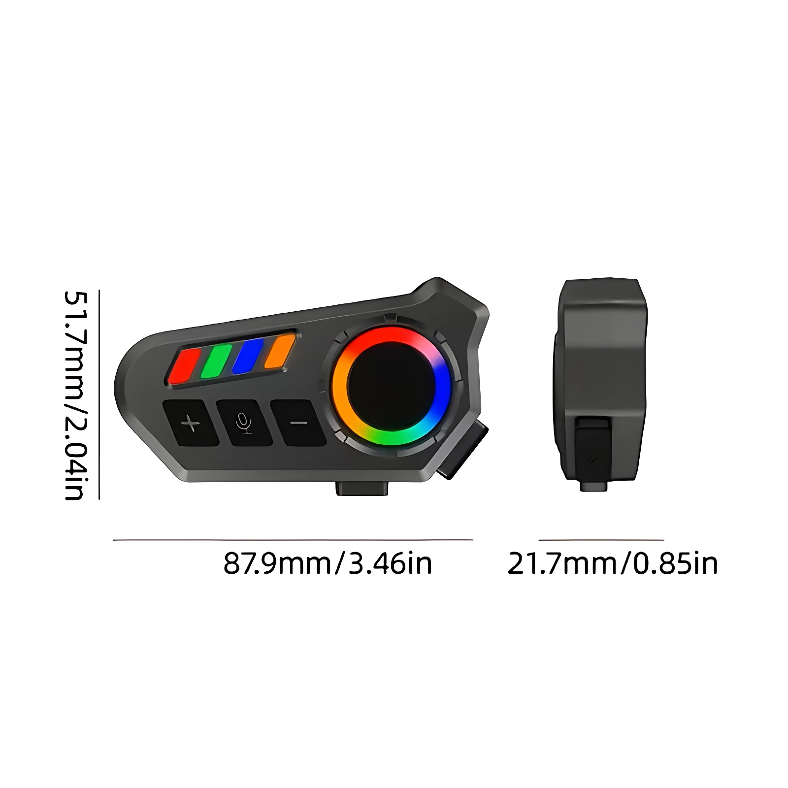 Control remoto Motosync K06A en color negro con panel de luces RGB, botones de volumen y micrófono, dimensiones 87,9 x 51,7 mm.