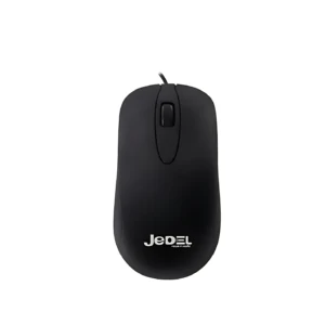 Mouse Jedel negro con cable USB, diseño ergonómico y logotipo visible en la parte inferior.