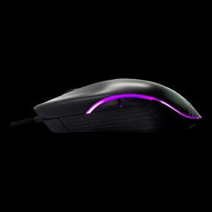 Mouse gamer negro con acento LED púrpura en lateral, diseño ergonómico y cable visible.