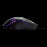 Mouse gamer negro con iluminación LED púrpura en la parte superior, diseño ergonómico y cable visible, ideal para uso en juegos y oficina.