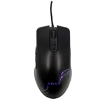 Mouse gamer Aoas K40 negro con detalles LED púrpura, diseño ergonómico y cable visible.