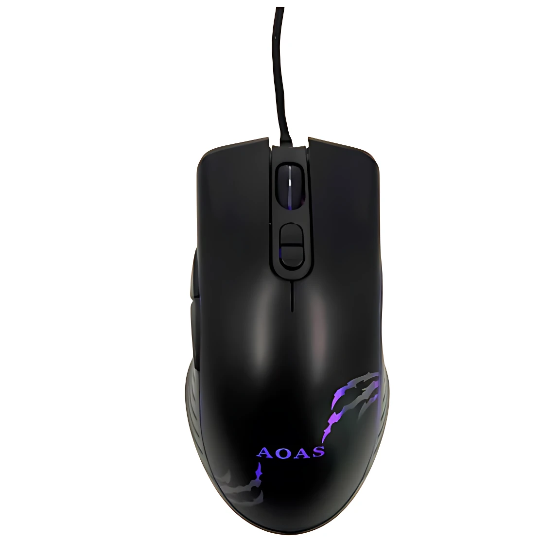 Mouse gamer Aoas K40 negro con detalles LED púrpura, diseño ergonómico y cable visible.