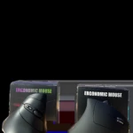 Mouse ergonómico negro para mano derecha, con diseño curvo y botones laterales, mostrando dos unidades frente a su empaque.