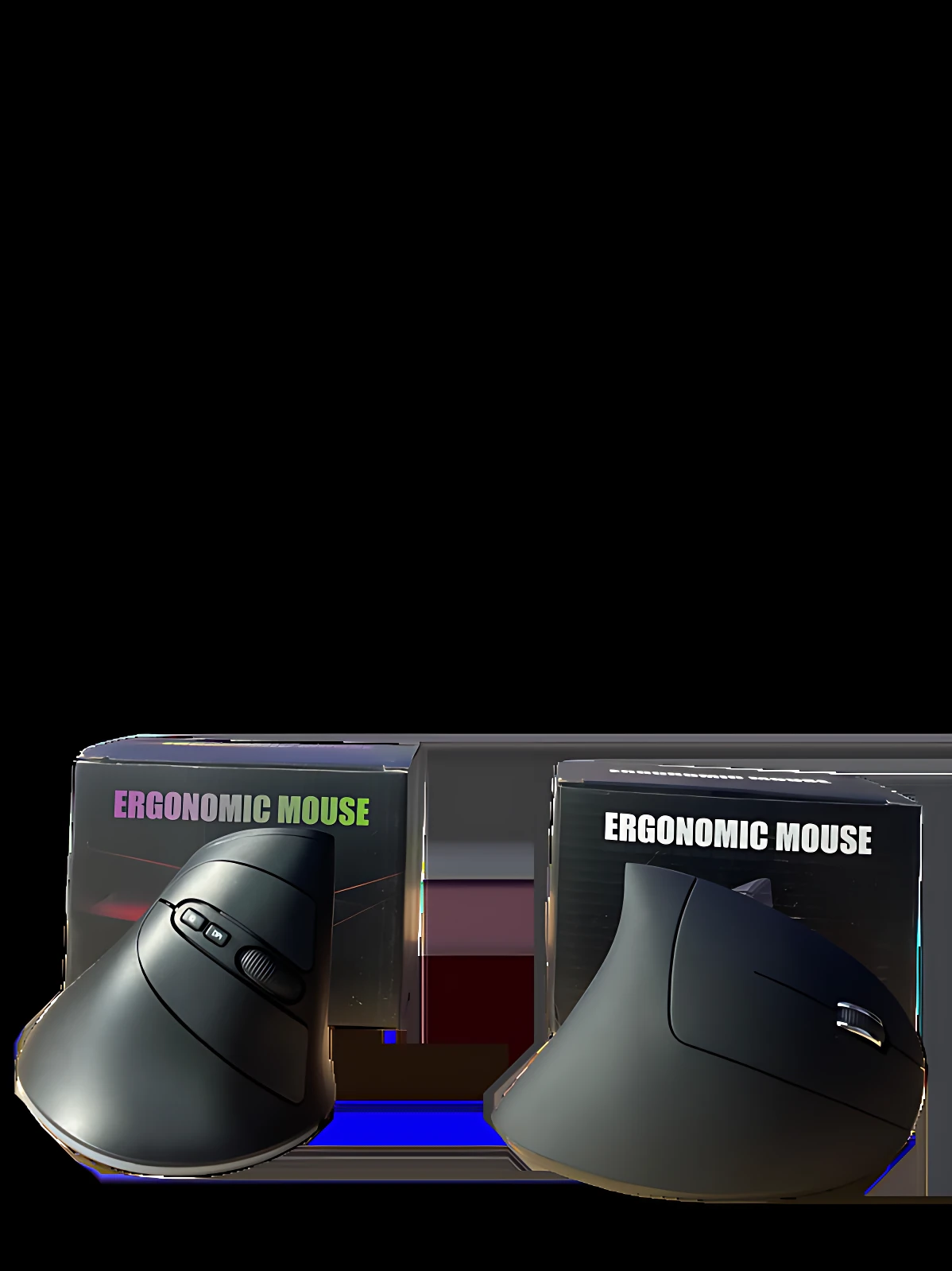 Mouse ergonómico negro para mano derecha, con diseño curvo y botones laterales, mostrado junto a su empaque que indica “ergonomic mouse”.