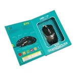 Mouse gamer S10 en caja abierta, mostrando el producto negro con detalles metálicos y luces azules, junto a diagrama de botones y especificaciones técnicas.