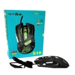 Mouse gamer S10 negro con detalles verdes, caja azul mostrando diseño ergonómico y accesorios incluidos.