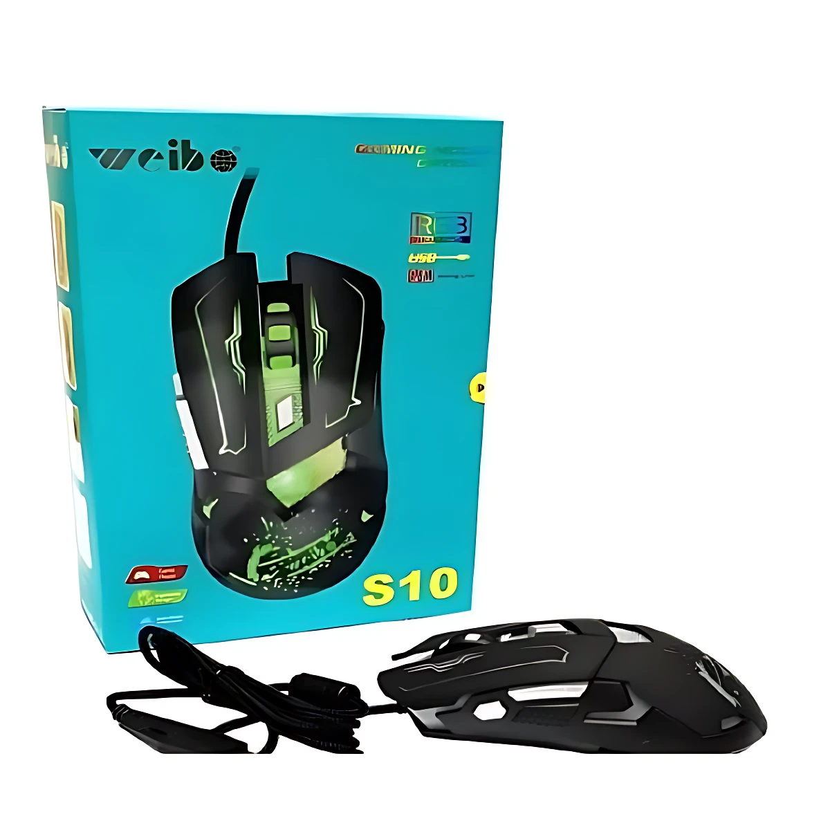 Mouse gamer S10 negro con detalles verdes, caja azul mostrando diseño ergonómico y accesorios incluidos.