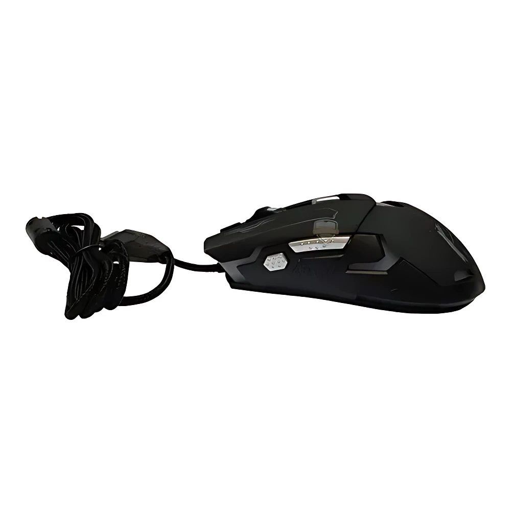 Mouse gamer negro con acabado metálico reforzado, cable trenzado y detalles plateados, diseñado para sesiones de juego de alta precisión.