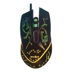 Mouse gamer Wb-915 negro con diseño de circuitos en verde y amarillo, luces LED visibles y logotipo en la base.