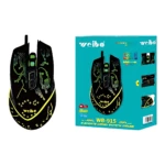 Mouse gamer Wb-915 negro con detalles en verde neón y amarillo, diseño de circuito impreso, luces LED, sensor óptico rápido, caja azul con imágenes del producto.