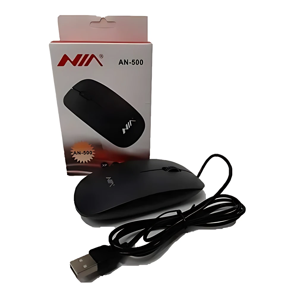 Mouse inalámbrico negro ergonómico con cable USB, modelo AN-500 de la marca NIA, junto a su empaque original.