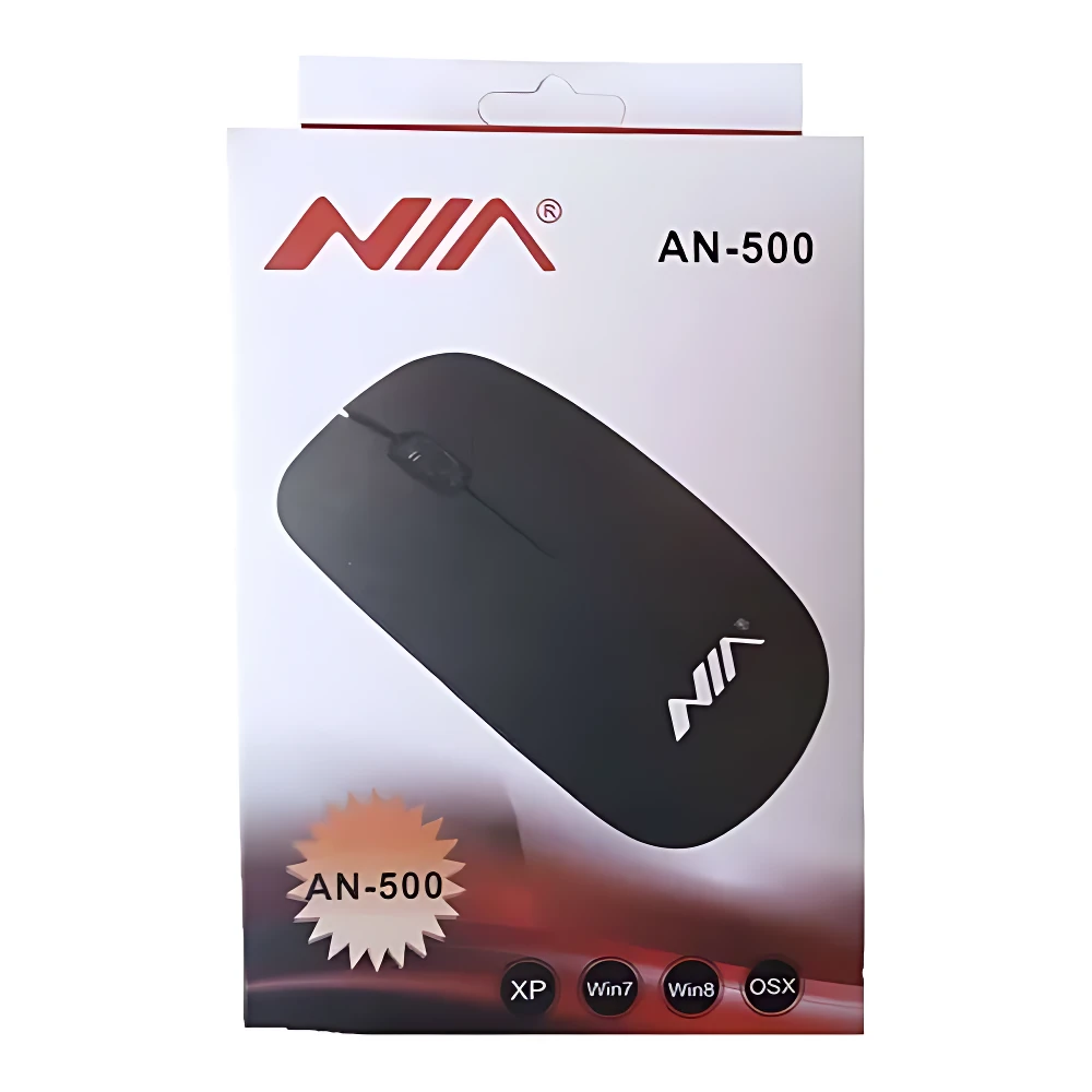 Packaging del mouse inalámbrico NIA AN-500 en color negro, con logotipo visible y compatibilidad con Windows y macOS.