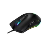 Mouse gaming negro ergonómico con iluminación RGB multicolor en laterales y rueda, cable visible, diseño curvo para uso cómodo.