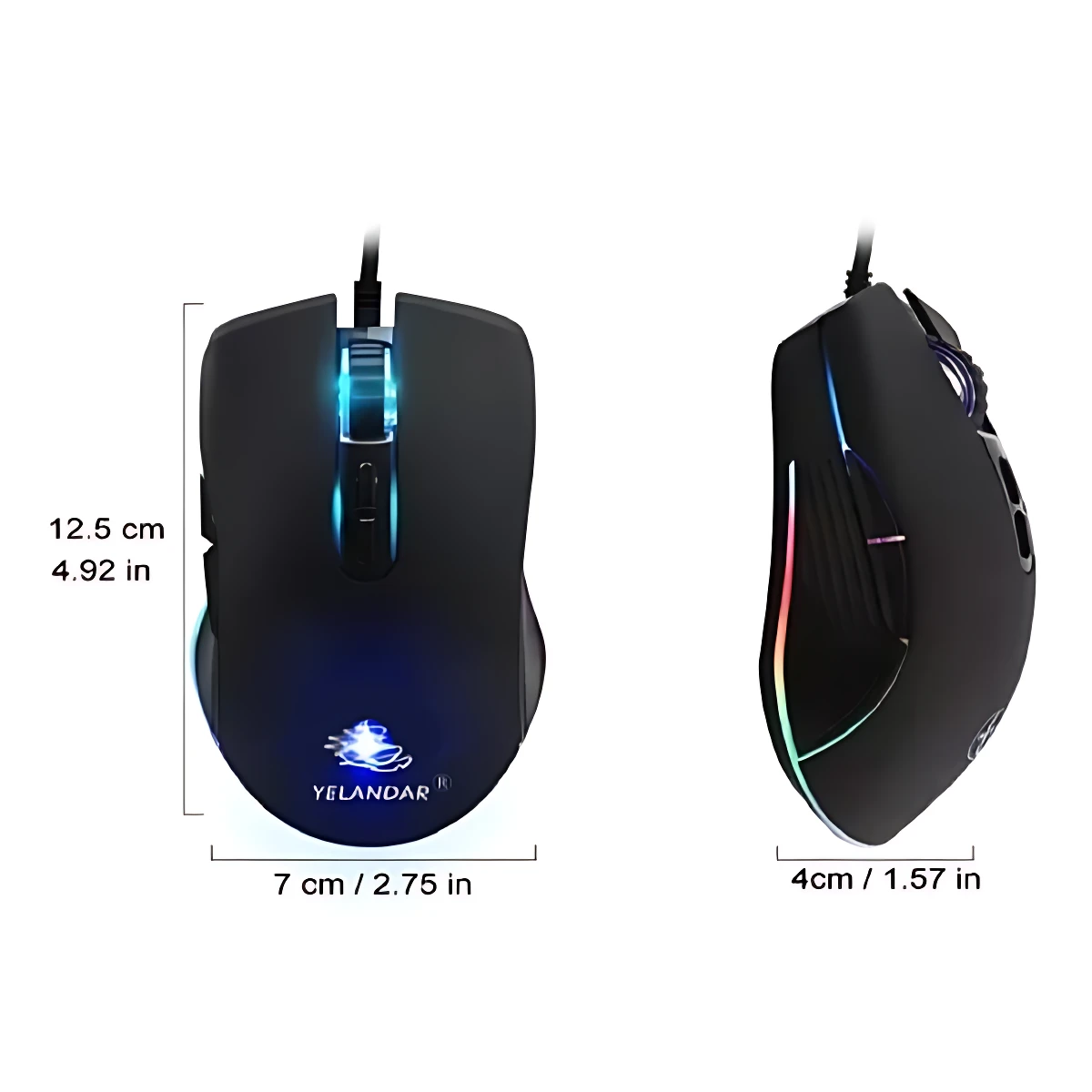 Mouse gaming negro ergonómico con iluminación RGB multicolor, mostrando vista frontal y lateral con medidas de 12,5 cm de alto y 7 cm de ancho.