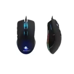 Mouse gaming negro ergonómico con iluminación RGB multicolor, mostrando vista frontal y lateral.
