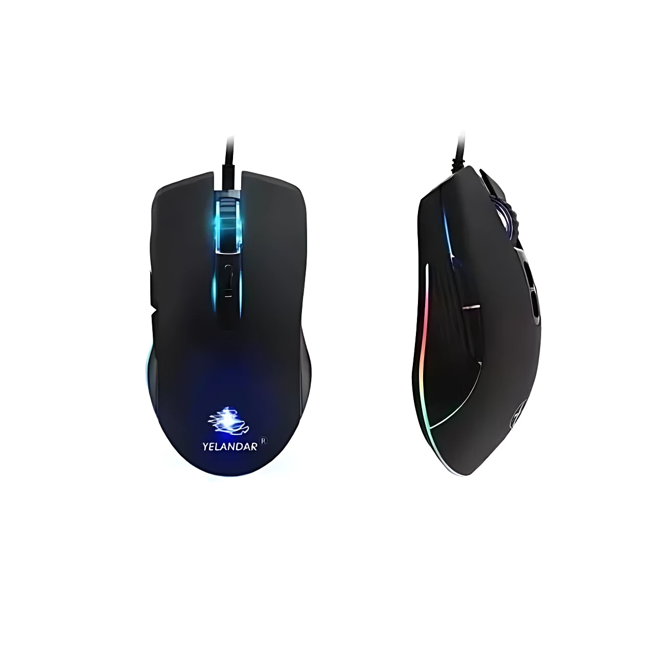 Mouse gaming negro ergonómico con iluminación RGB multicolor, mostrando vista frontal y lateral.