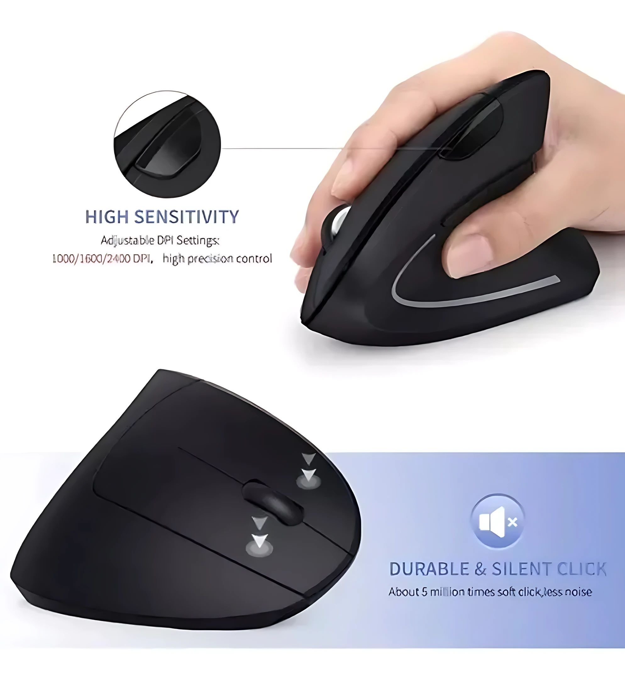 Mouse vertical inalámbrico ergonómico D5 en color negro, con diseño curvo para reducir tensión en la muñeca y botones laterales visibles.