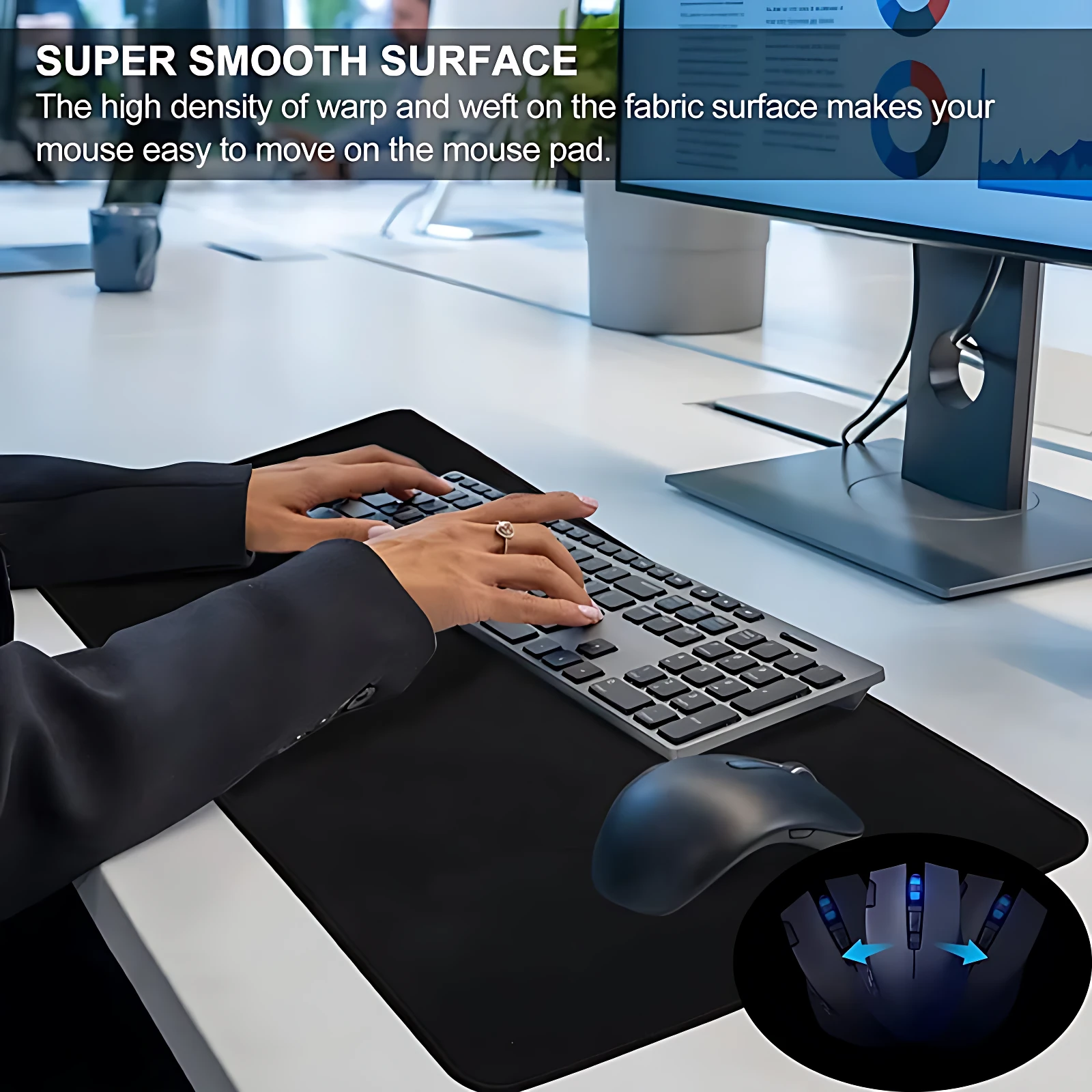 Mousepad negro XL con teclado y mouse, superficie lisa para deslizamiento preciso, detalle de textura microfibra y luces azules en esquina inferior.