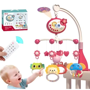 Móvil musical giratorio con 20 canciones y juguetes masticables para aliviar la dentición - Calma a tu bebé y facilita su sueño profundo