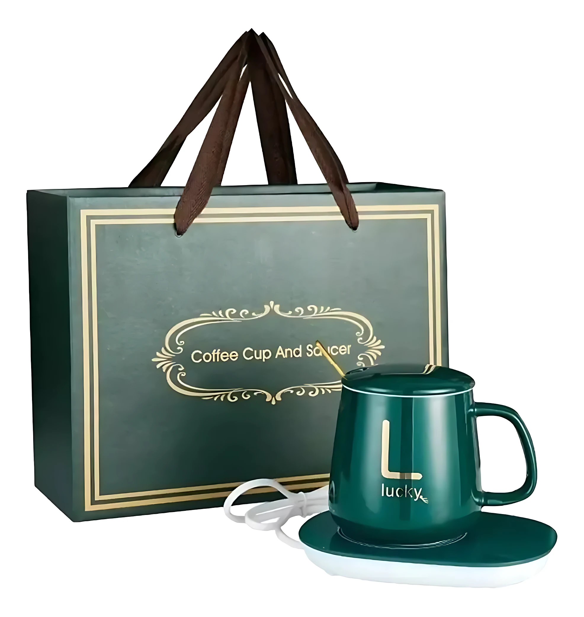 Termo eléctrico de cerámica verde con base calefactora, incluye taza y bandeja; presentación en bolsa de regalo con asas marrones.