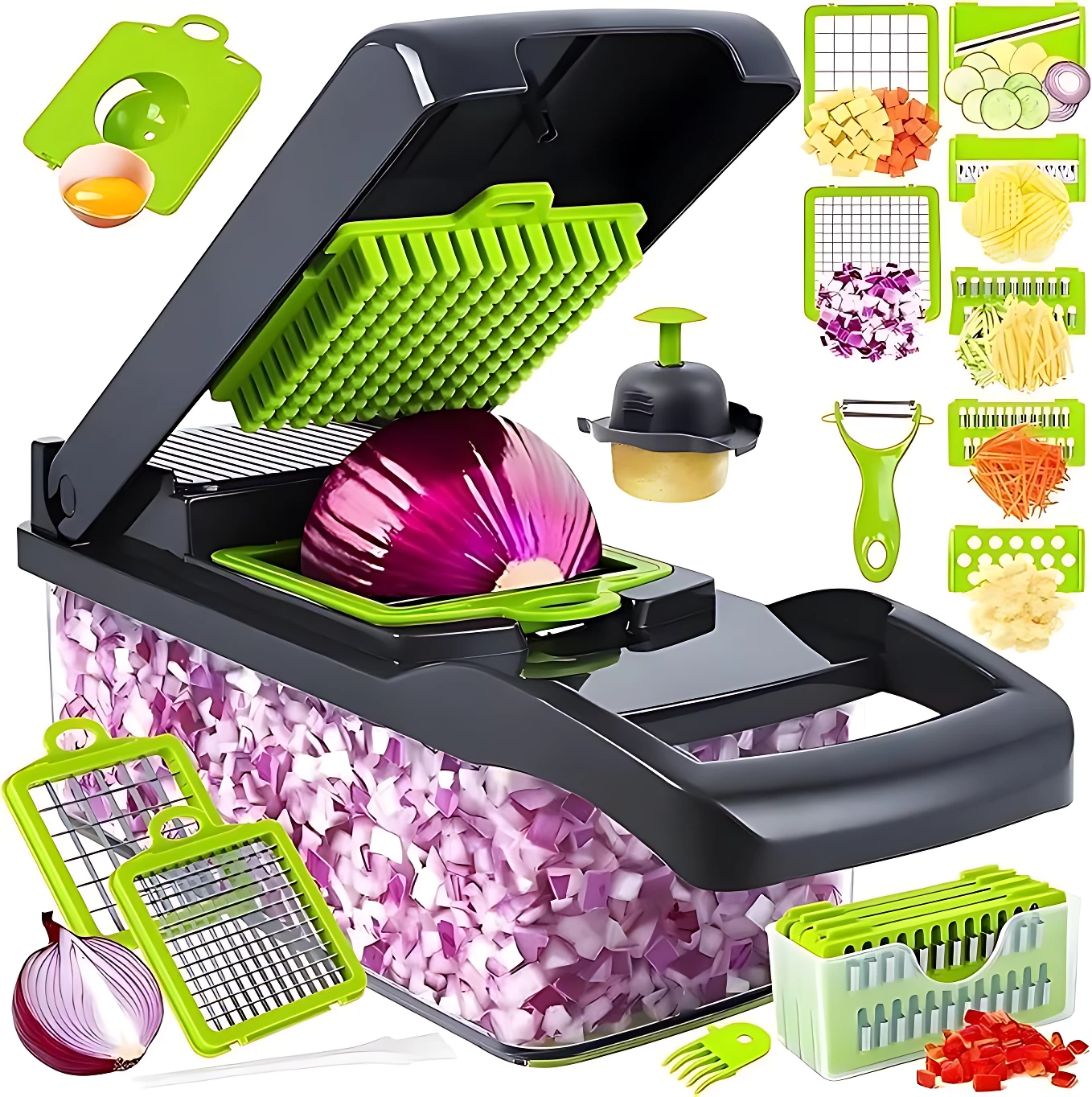 Multicortador de vegetales negro con contenedor transparente, incluye accesorios verdes para cortar, rallar y pelar, mostrando cebolla cortada y vegetales procesados.
