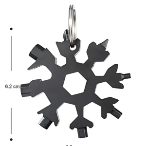 Multiherramienta copo de nieve negra con anillo metálico, mide 6,2 cm por lado y cuenta con múltiples puntas para abrir botellas y herramientas.