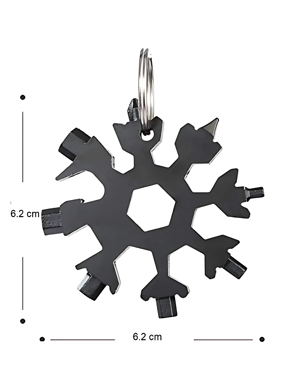Multiherramienta copo de nieve negra con anillo metálico, mide 6,2 cm por lado y cuenta con múltiples puntas para abrir botellas y herramientas.